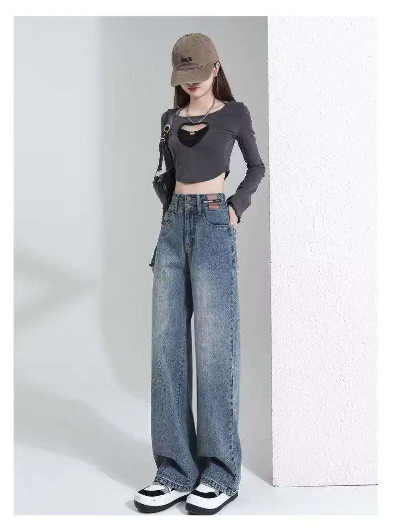 Vintage High-waisted Slimming Jeans Women's Straight-leg Pants Hong Kong Style Bell Bottoms Trendy Gradient Pants For Women