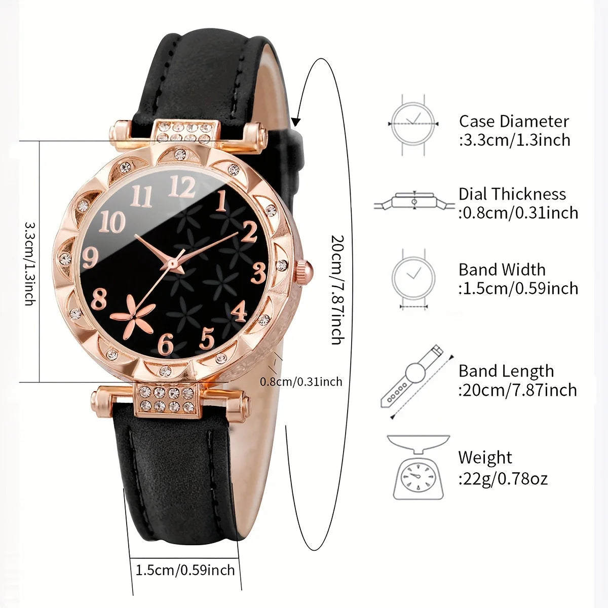 2PCS/Set Women's Watches Fashion Flower Rhinestone Leather Band Analog Quartz Watch Rhinestone Bracelet Set