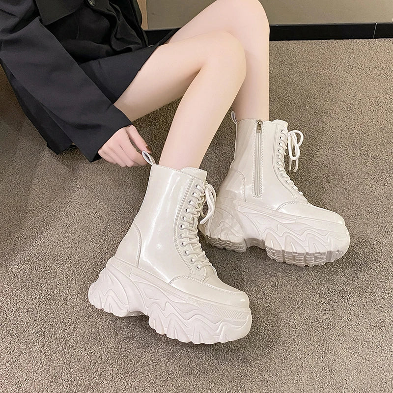 Punk Super High Platform Boots Women Chunky Heels Lace Up Motorcycle Boots Woman Black White Thick Bottom Ankle Booties Female