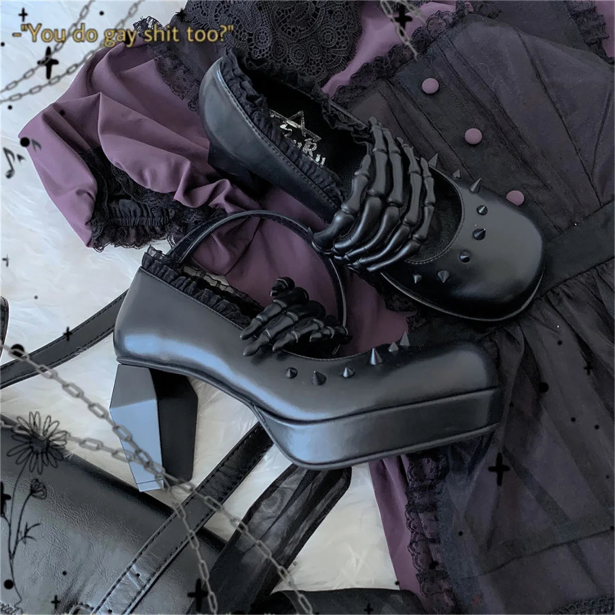 Antique Dark Punk Style Goth Girls Shoes Lolita Cosplay Round Head Thick Bottom Cross Rivet Lace Skull 8cm High Heel Shoes