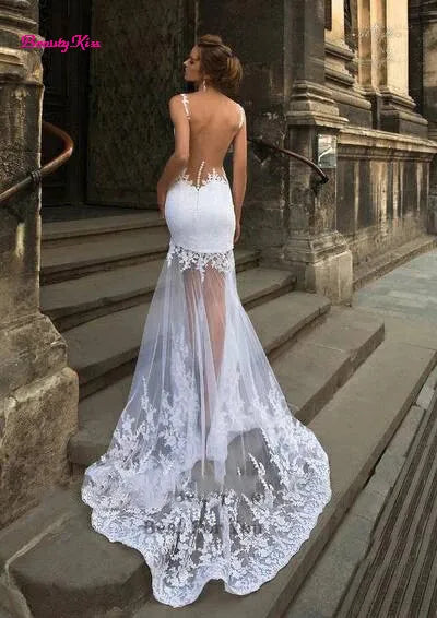 Modern Short Mermaid Wedding Dress with Detachable Train Three Pieces 3 in 1 Lace Applique Sheer Neck Backless Bridal Gowns 2023