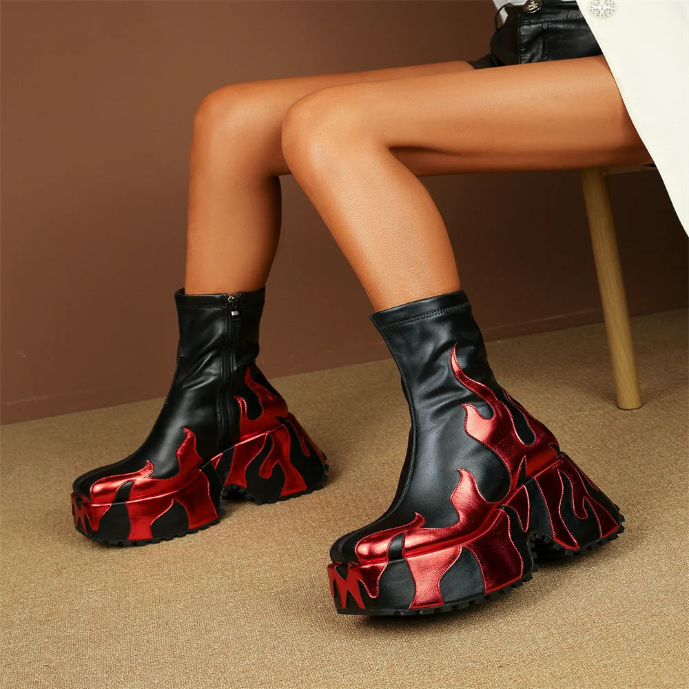 2024 European and American Personality Spicy Girl Colored Flame Short Boots Women's Fashion Thick Sole Side Zipper Boots