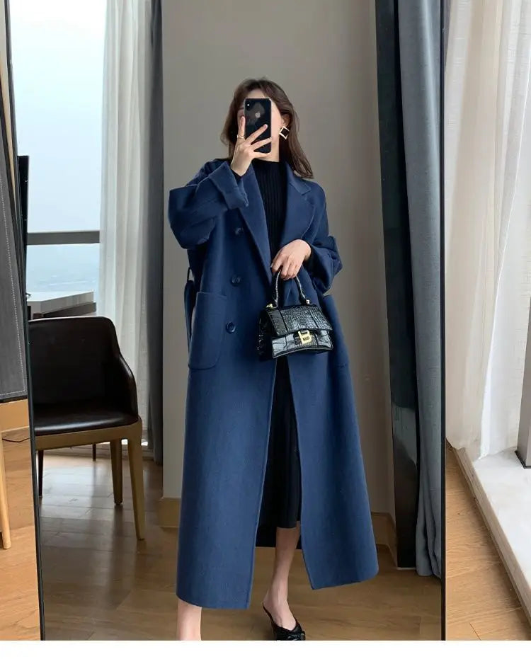 Winter Trench Coat For Women Elegant Fashion Korean Casual Wool Coat Navy Blue Lace-up Long Jacket  Black Woman Coat With Blet