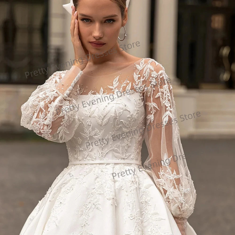 Luxury Lace Appliques Wedding Dresses A Line Fuffy Ruched Satin Ball Gowns Long Sleeve Formal Bride Beach Party Vestido De Novia