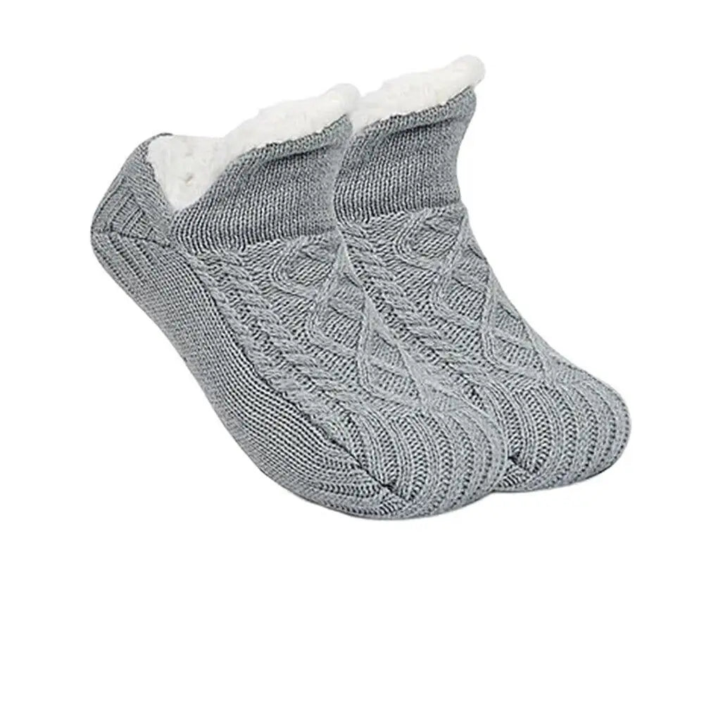 Gray Winter Fuzzy Slipper Socks – Soft, Warm, Short Cotton Home Socks with Grip