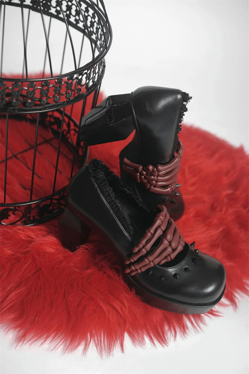 Antique Dark Punk Style Goth Girls Shoes Lolita Cosplay Round Head Thick Bottom Cross Rivet Lace Skull 8cm High Heel Shoes