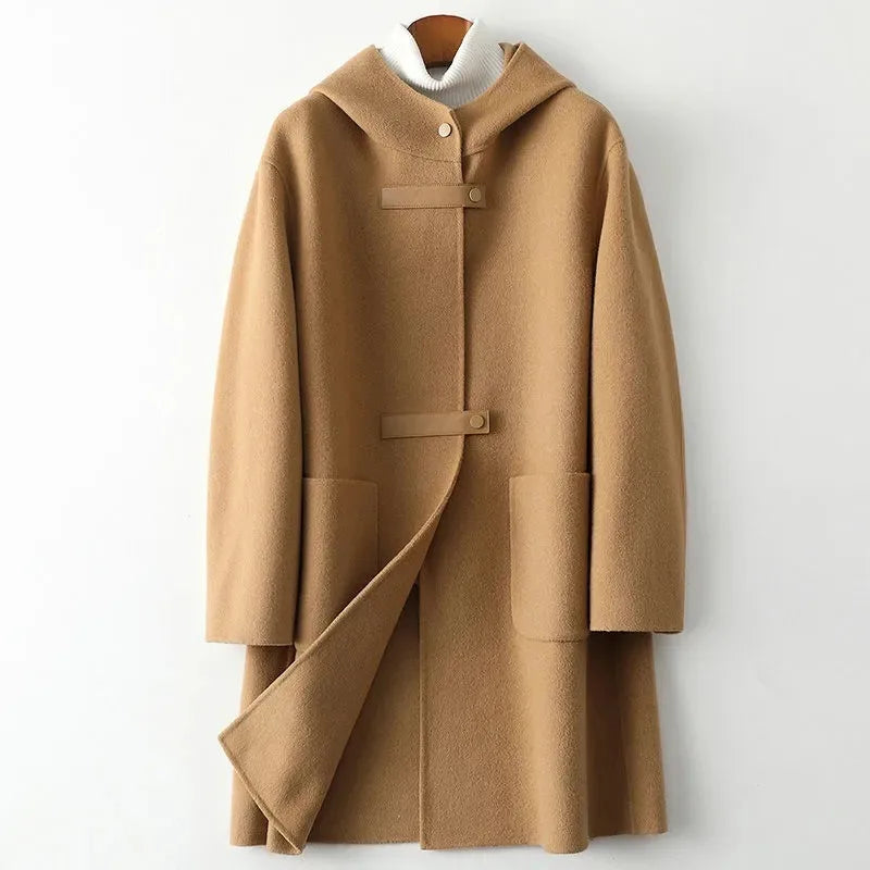 New Fashion Hooded Double-sided Cashmere Coat Women Autumn Winter Double-sided Woolen Windbreakers Temperament Slim Wool Coats