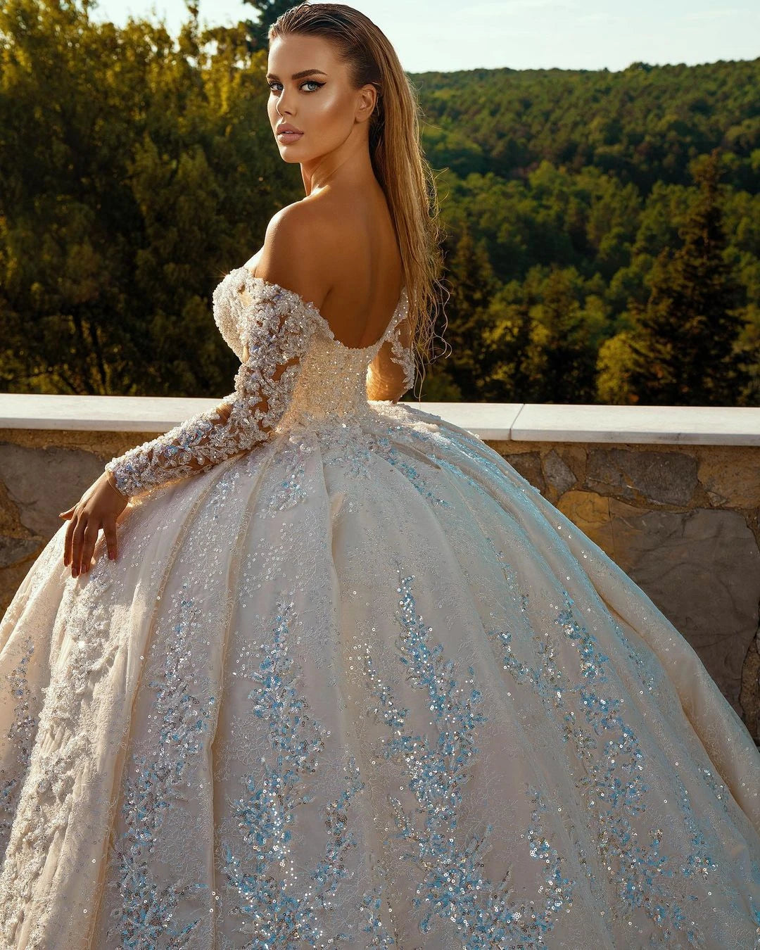 Off The Shoulder V-Neck Long Sleeve All Over Shiny Beaded Sequins Princess Ball Gown Wedding Dress With 100cm Chapel Train