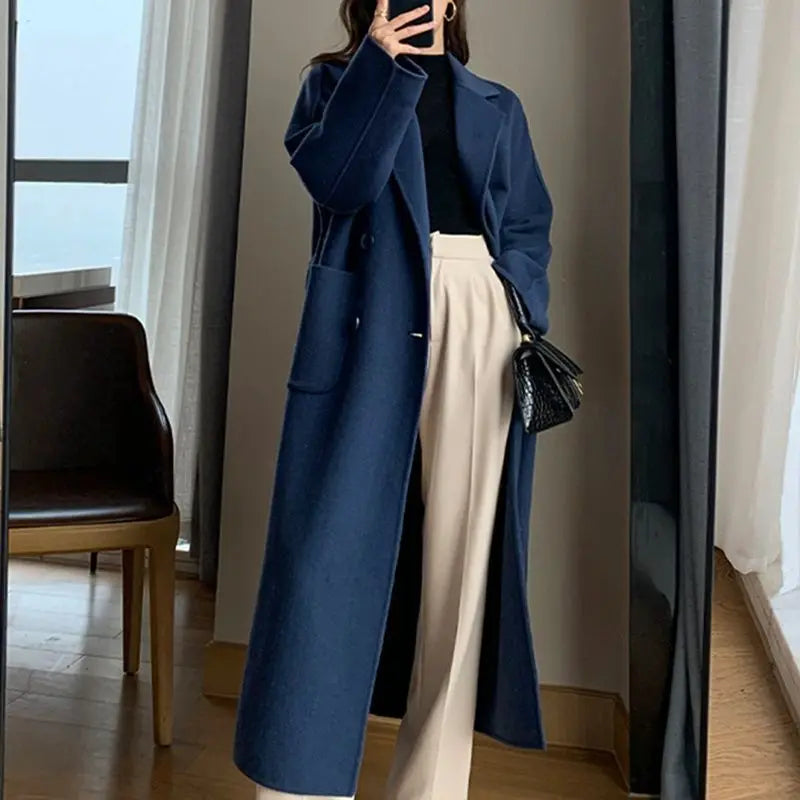 Winter Trench Coat For Women Elegant Fashion Korean Casual Wool Coat Navy Blue Lace-up Long Jacket  Black Woman Coat With Blet