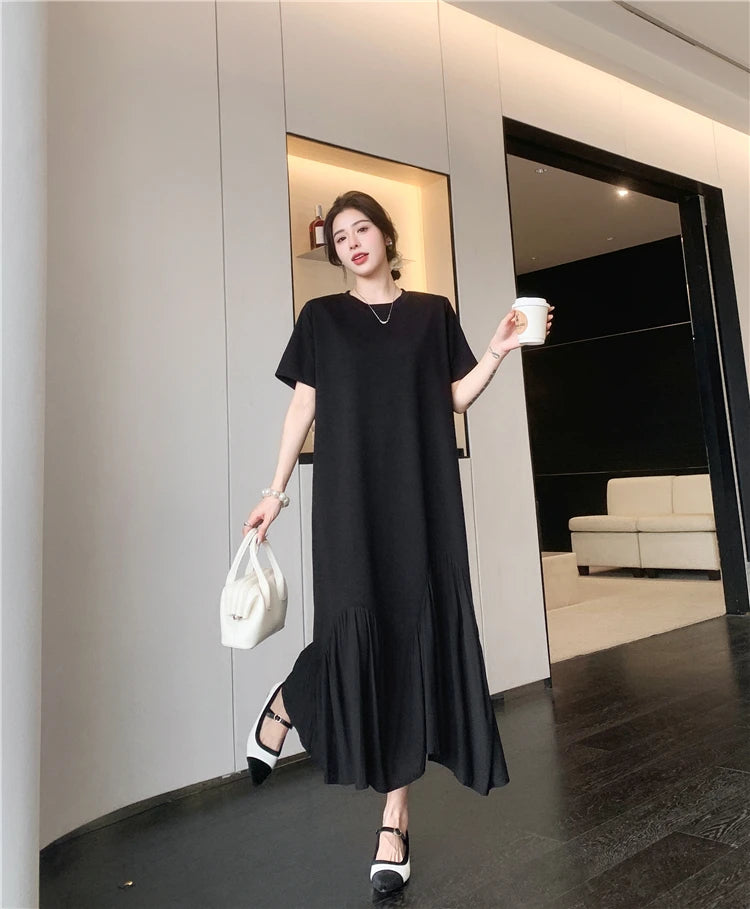 NYFS 2024 Summer New Korea Irregular Woman Dress Vestidos Robe Elbise Loose Plus Size Patchwork Short Sleeve Long Dress