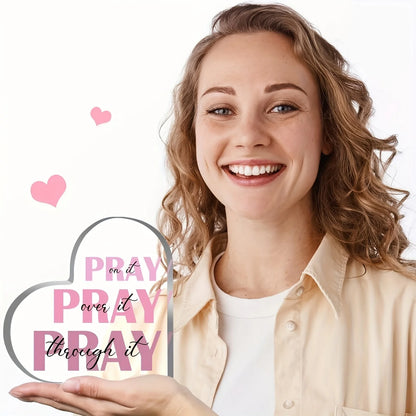 Elegant Heart-Shaped Acrylic Prayer Decor – "Pray It Over It" Inspirational Pink Verse, 2D Desktop Christian Ornament