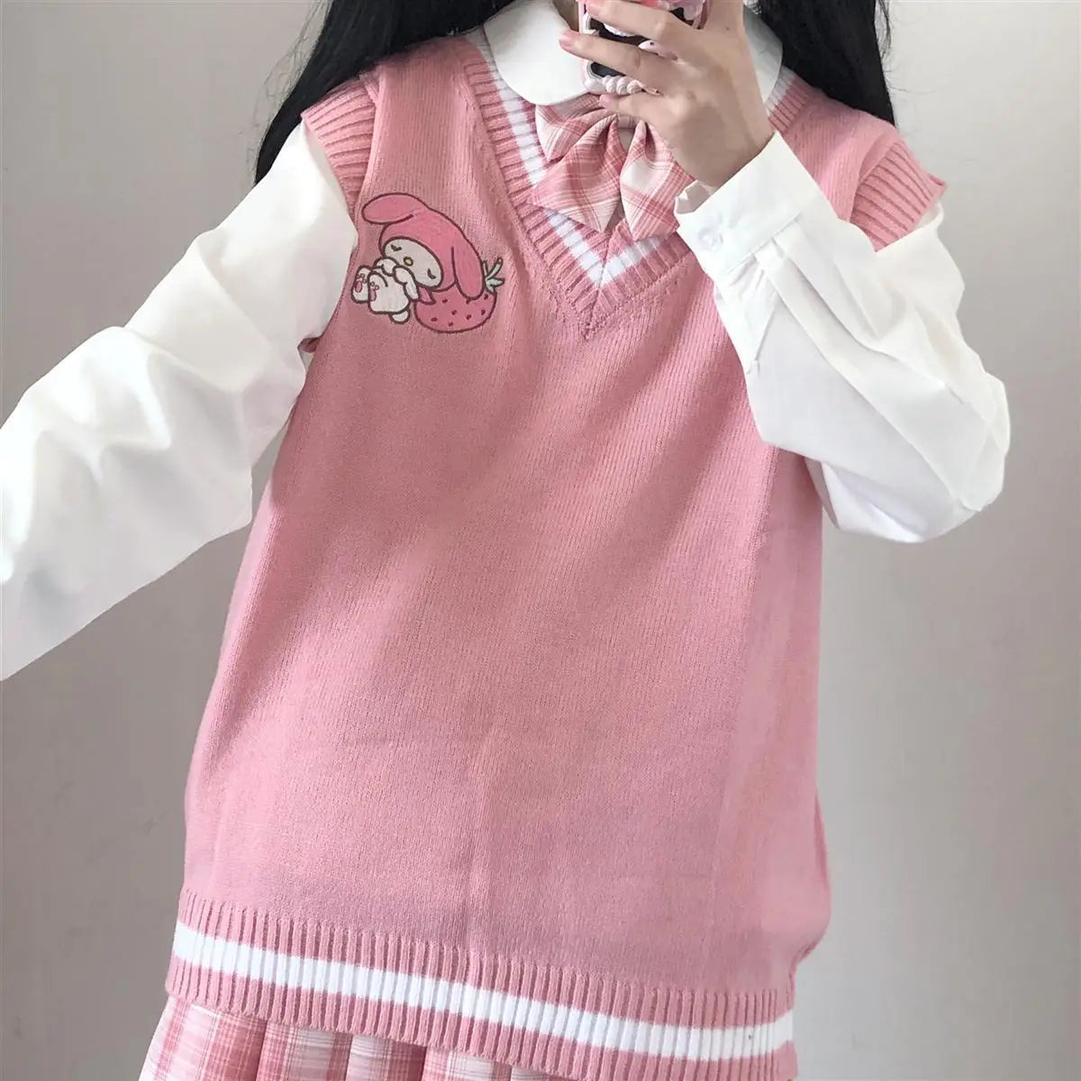 2024 School Kawaii Sweater Vest Cartoon Waistcoat Sweet Cute Preppy Style Women Pullover V-neck Embroidery Japanese Lolita Tops