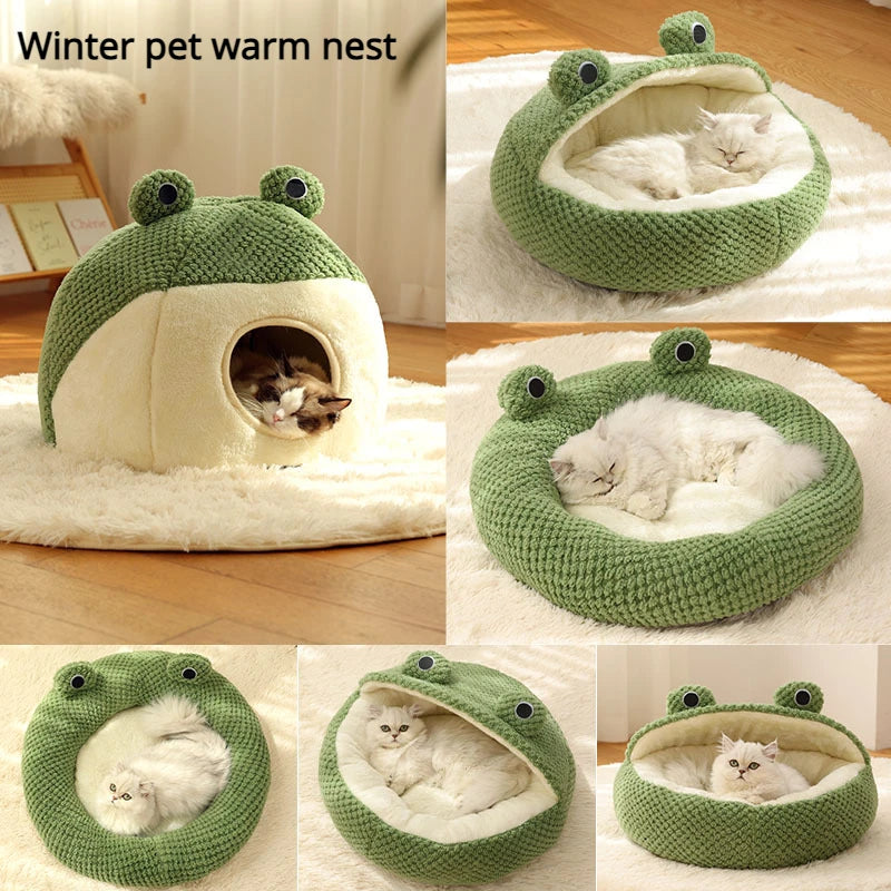 Winter Warm Pet Nest – Plush Semi-Enclosed Frog-Shaped Dog Den & Cat Villa, Cozy Bed for Kittens and Puppies