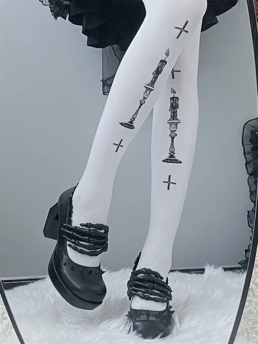 Antique Dark Punk Style Goth Girls Shoes Lolita Cosplay Round Head Thick Bottom Cross Rivet Lace Skull 8cm High Heel Shoes