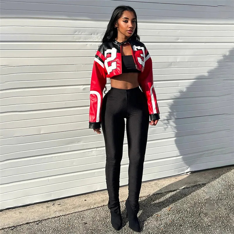 Winter Leather Jackets Women Crop Varsity Baseball Coats Y2K Streetwear 2023 Cyber Racer Patchwork Cropped Jackets Coats