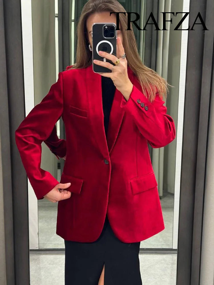 TRAFZA Women Spring Chic Jacket Coats Red Turn Down Collar Long Sleeves Pockets Decorate Single Button Female Fashion Blazers