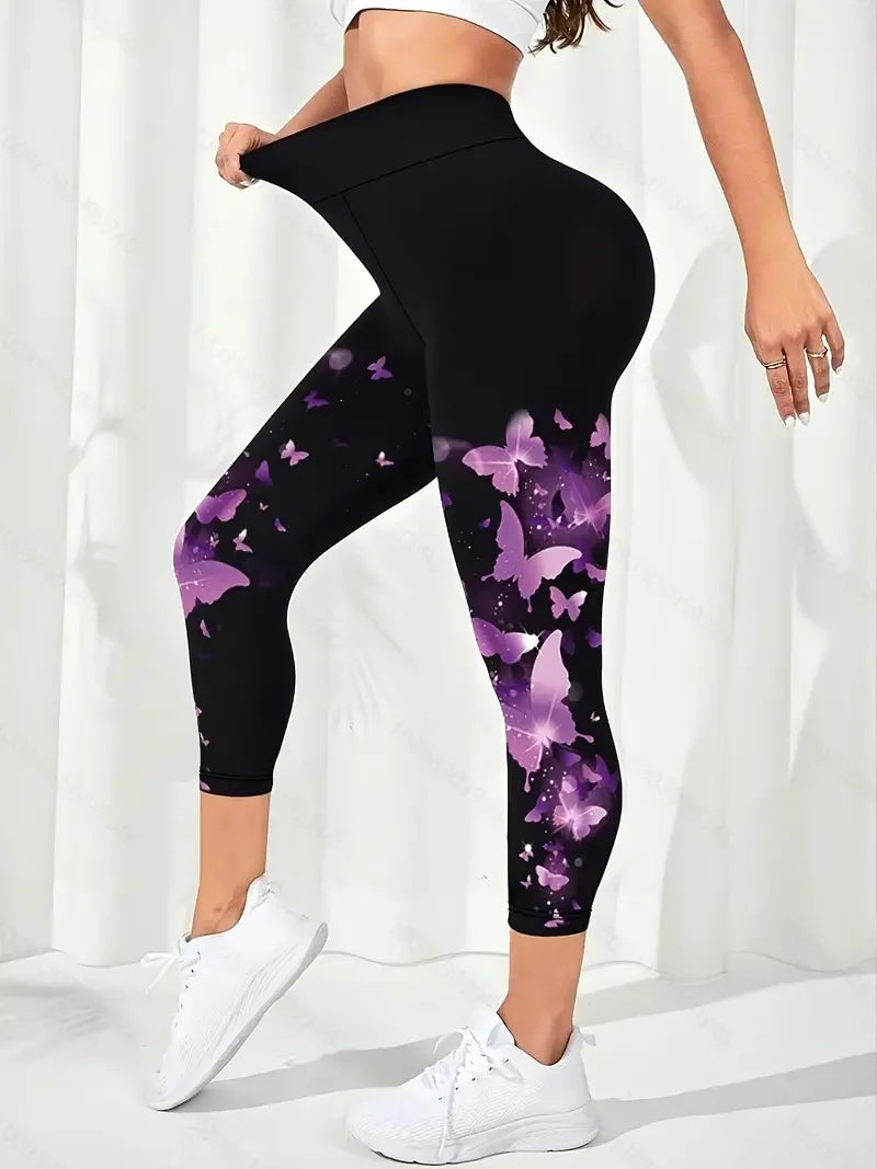 Butterfly print stretch slim leggings, casual stretch tight leggings