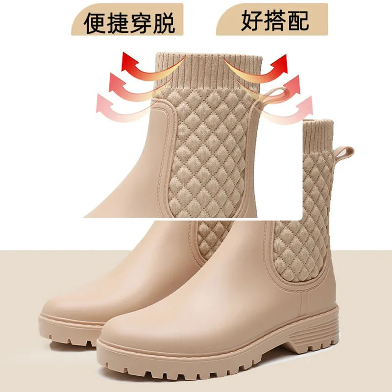 Rainboots Women New Plaid Casual Women's Boots Fashion Mid-Calf Rain Boots Water Shoes Women's Slip-On Mid-tube Adult Rainboots