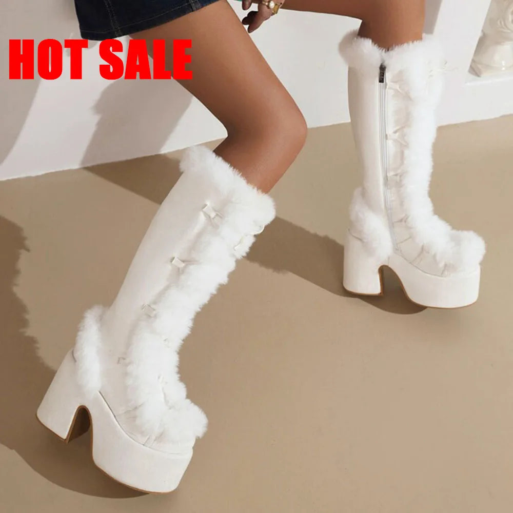 GIGIFOX Platform Furry Boots Chunky High Heeled Winter Autumn Knee High Boots Women Faux Fur Zip Gothic Style Punk Shoes Ladies