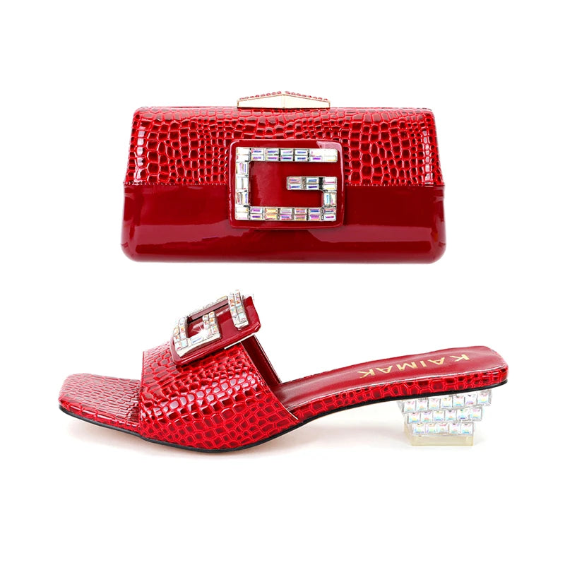 Latest Crystal Thick Heel Stone Pattern plus size Slippers Size 35-45 Diamond Clutch Dinner Women's Shoes and Bag suit