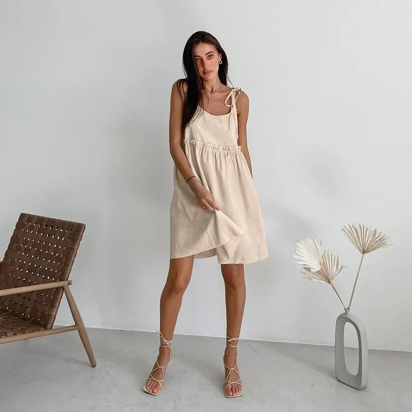 Simple Cotton Backless Suspender Dress Spring and Summer Beach Style Women's Loose Soft Ruffled Edge A-line Suspender Dress