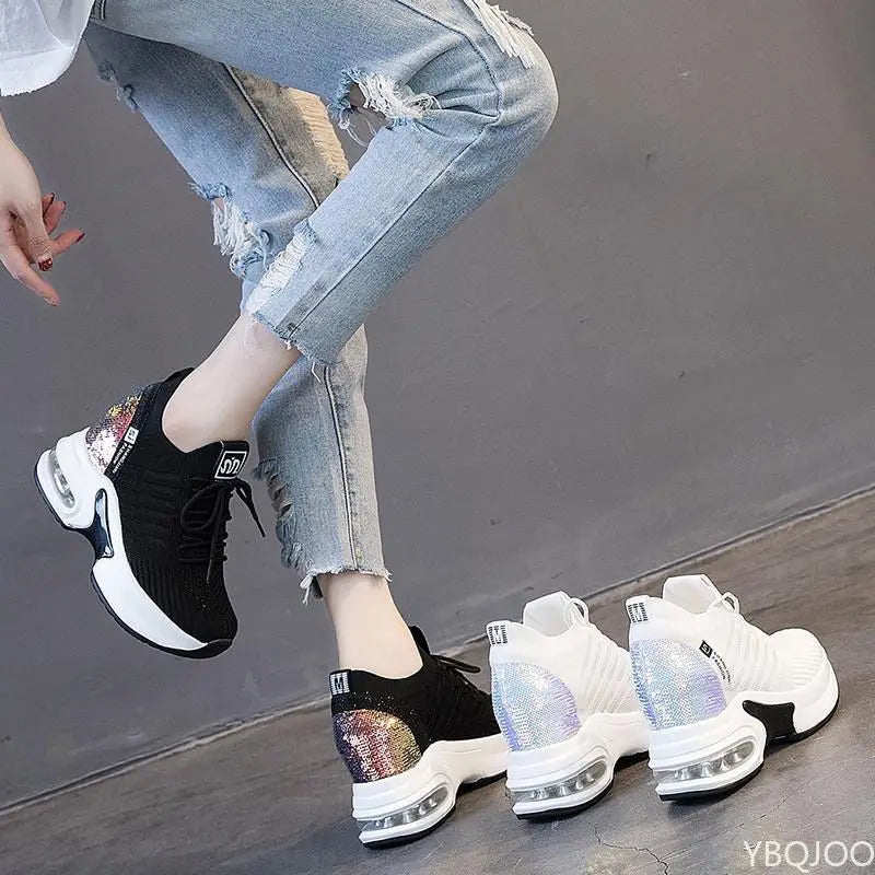 Women's Sneakers Spring Sequined Casual Shoes Women Platform Heels Wedges Height Increasing 2022 Knitted Ladies Vulcanized Shoes