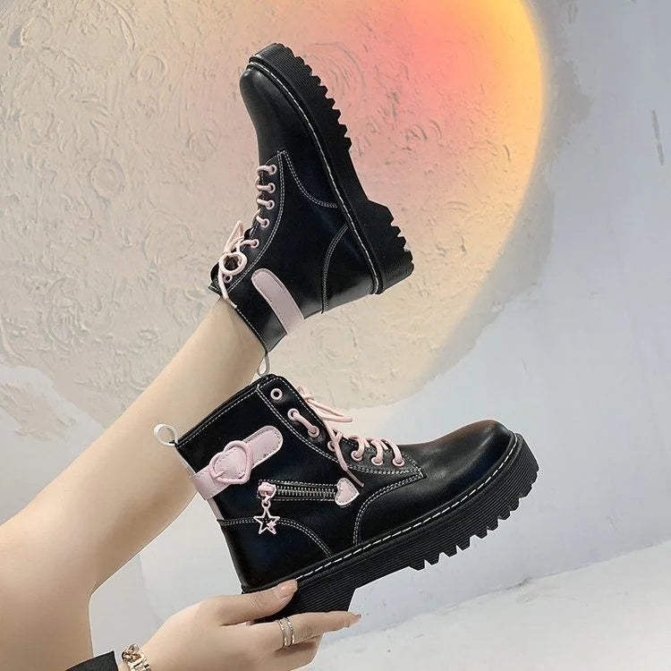 New College Style Martin Boots Women Autumn 2021 Girl Love Round Toe Lace-up Short Boots Y2k Aesthetic Goth Punk Platform Shoes