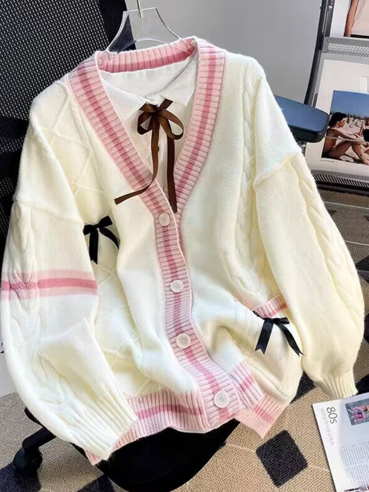 Sweet Bow Knitted Cardigans Y2k Aesthetic All Match Contrast Color Coats Fashion Single Breasted Women Kawaii JK Sweaters Jumper