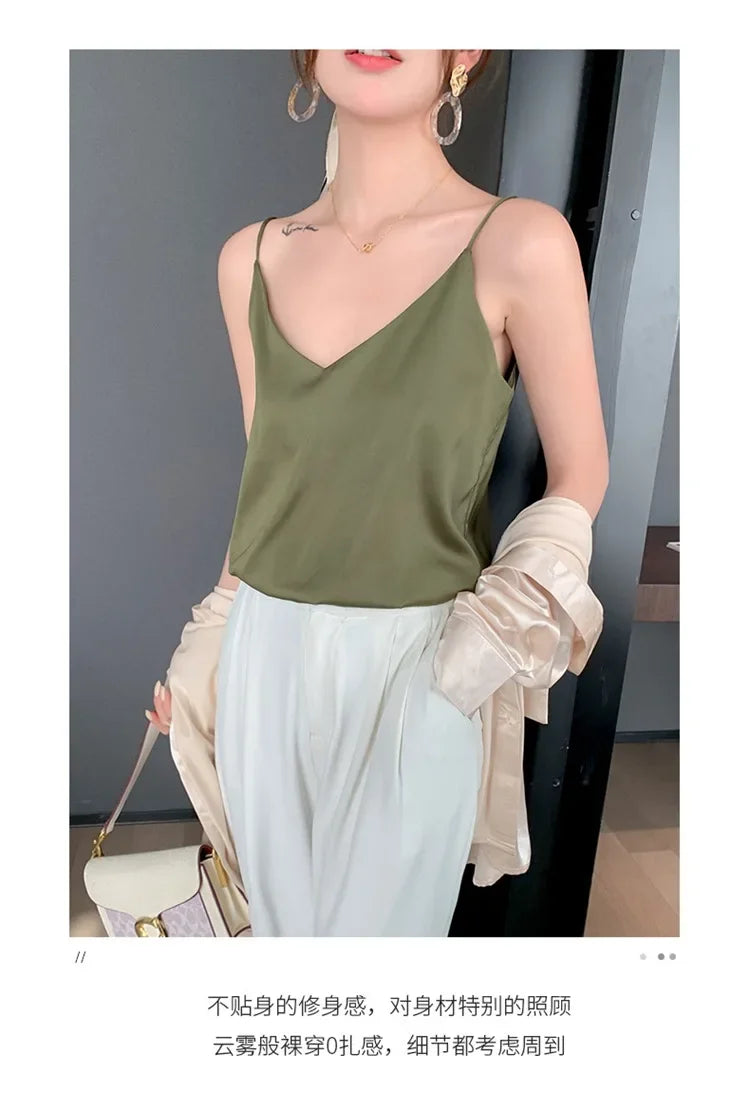 100 silk real silk 2023 summer women's clothing new slim v-neck short temperament inner top one-shoulder camisole