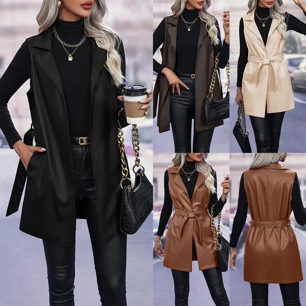 Women's PU Leather Sleeveless Waistcoat Coat with Belt Mid-length Fashion Trend Solid Color Cardigan Vest Jacket Streetwear