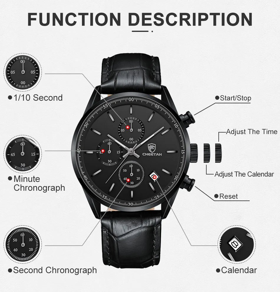 New Fashion Men Watch CHEETAH Waterproof Quartz Chronograph Sport Wristwatch Leather Business Casual Male Clock Auto Date