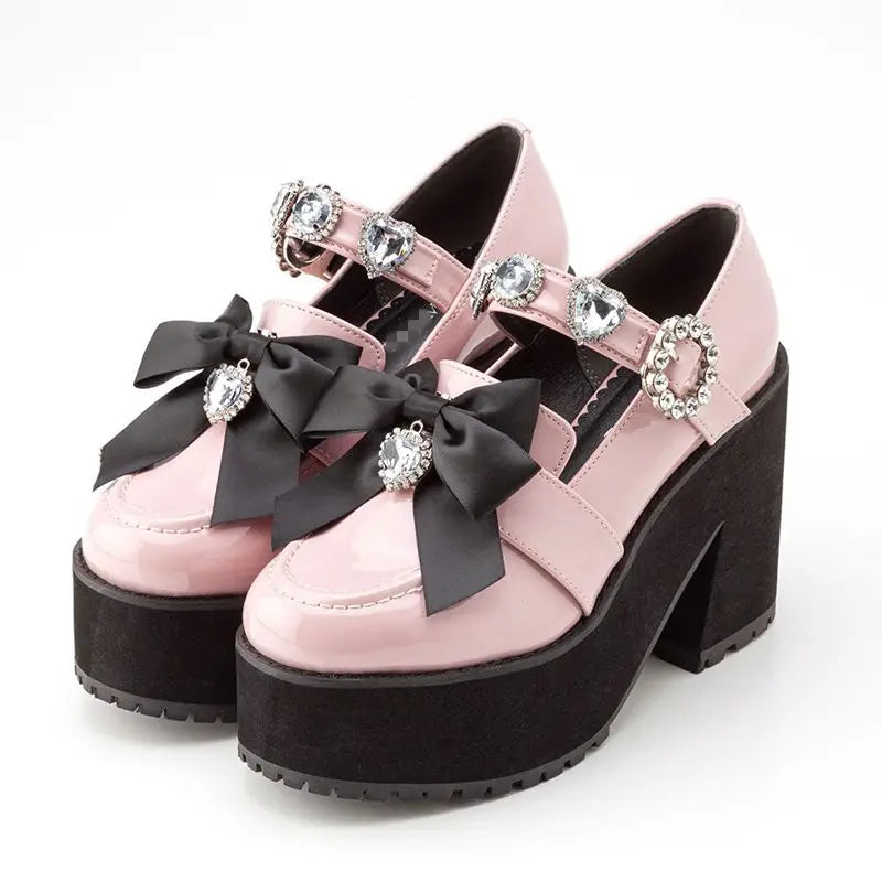 Japanese Lolita Hot Rhinestone Love Heart Bow Tie Mine Mass-Produced Platform Mary Jane Shoes Pink Pumps Girl Shoes for Women's