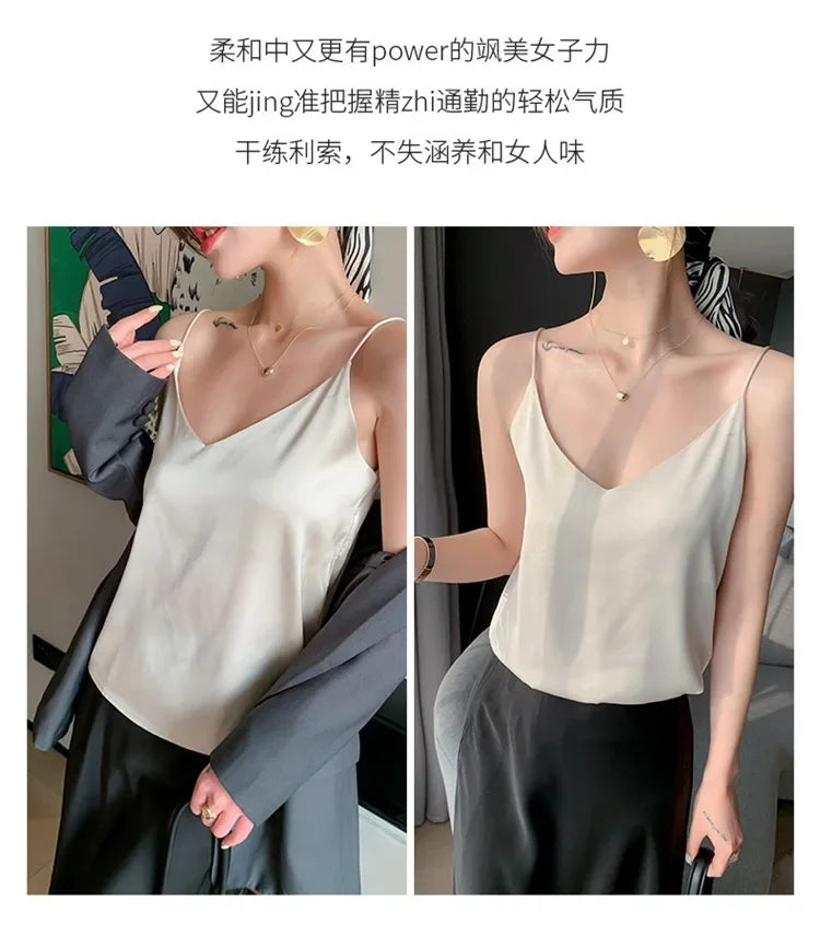 100 silk real silk 2023 summer women's clothing new slim v-neck short temperament inner top one-shoulder camisole