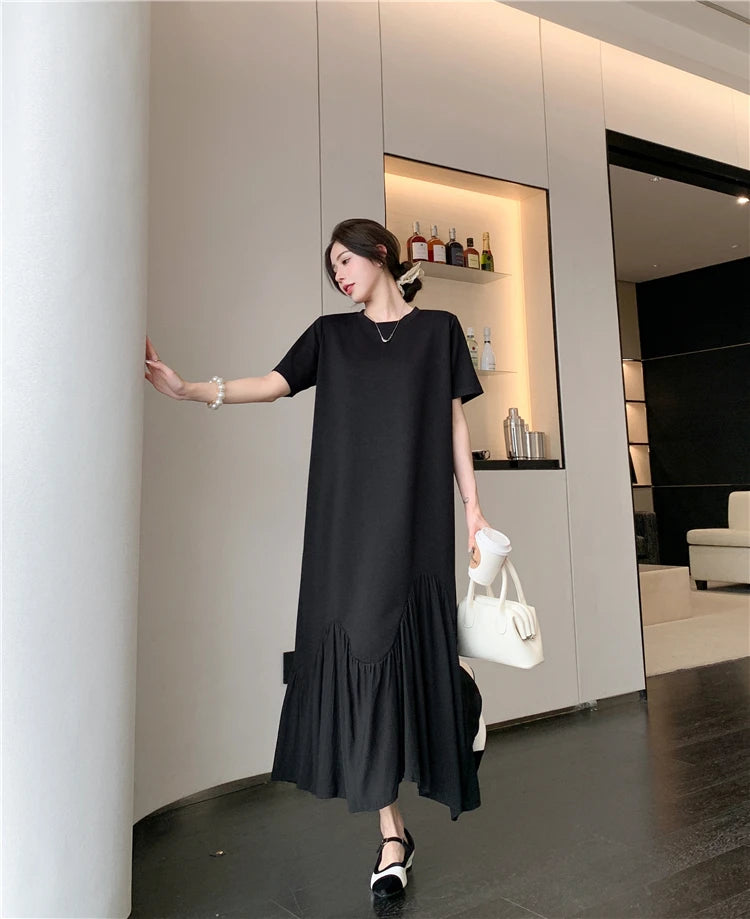 NYFS 2024 Summer New Korea Irregular Woman Dress Vestidos Robe Elbise Loose Plus Size Patchwork Short Sleeve Long Dress