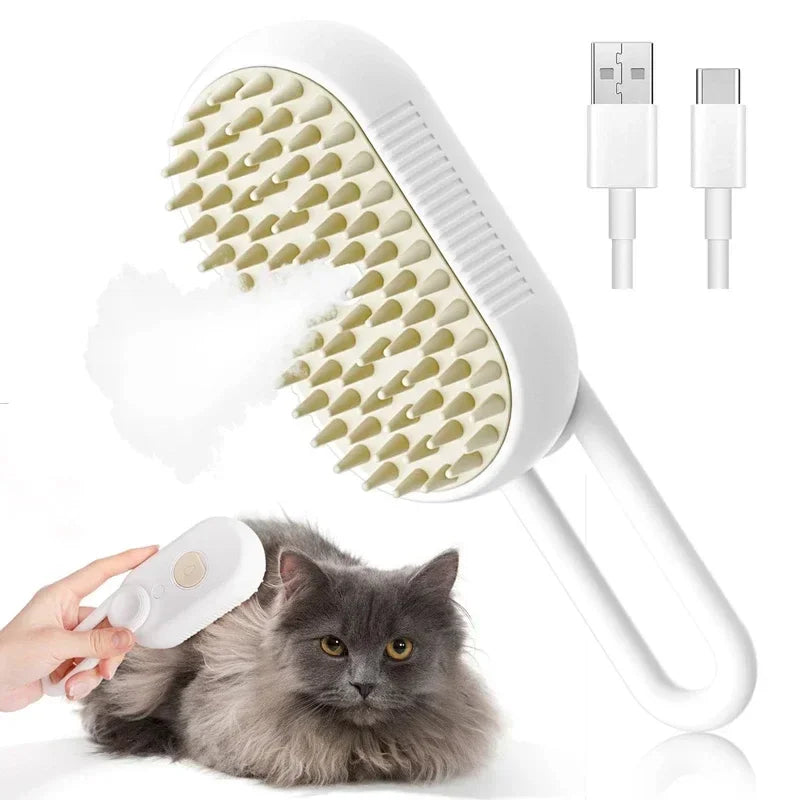 White Steam Pet Brush 3-in-1 Grooming Comb for Dogs & Cats – Spray Massage Brush for Tangled & Loose Hair Removal (1–2pcs)