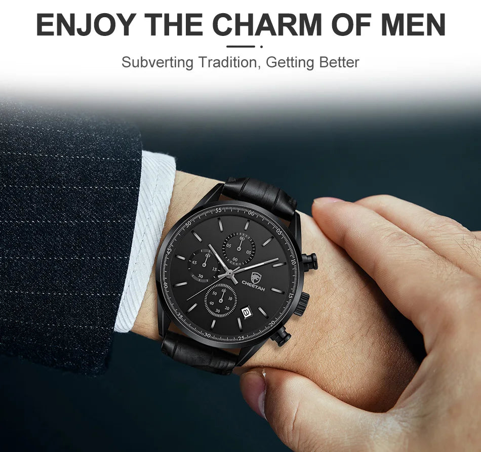 New Fashion Men Watch CHEETAH Waterproof Quartz Chronograph Sport Wristwatch Leather Business Casual Male Clock Auto Date