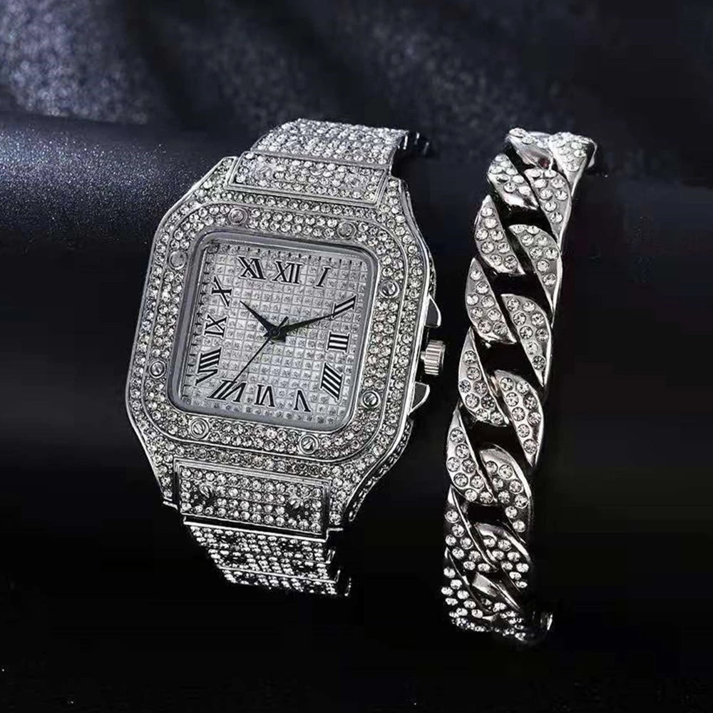 2pcs/set, Men's Large Dial Square Rhinestone Watch & Chain Bracelet