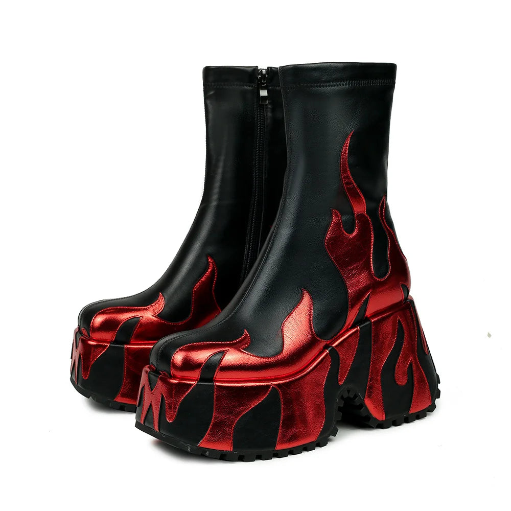 2024 European and American Personality Spicy Girl Colored Flame Short Boots Women's Fashion Thick Sole Side Zipper Boots