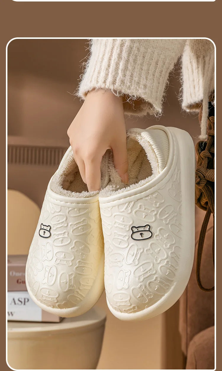 Cotton Slippers Home Bear Ladies Winter New Indoor Home Waterproof Non-slip Men and Women Plus Velvet Warm Confinement Shoes