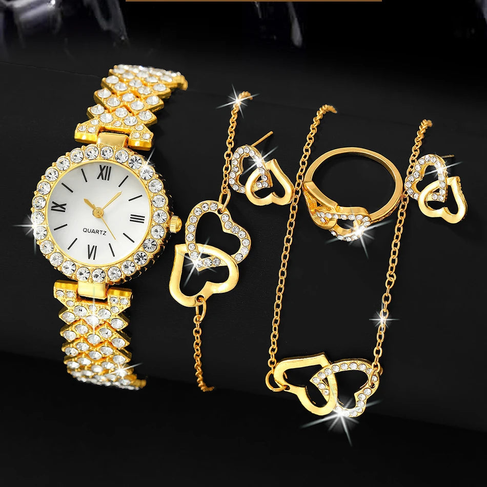 6PCS Set Women Watch Female Clock Roman Dial Luxury Brand Design Casual Ladies Quartz Wrist Watch Bracelet Set Montre Femme