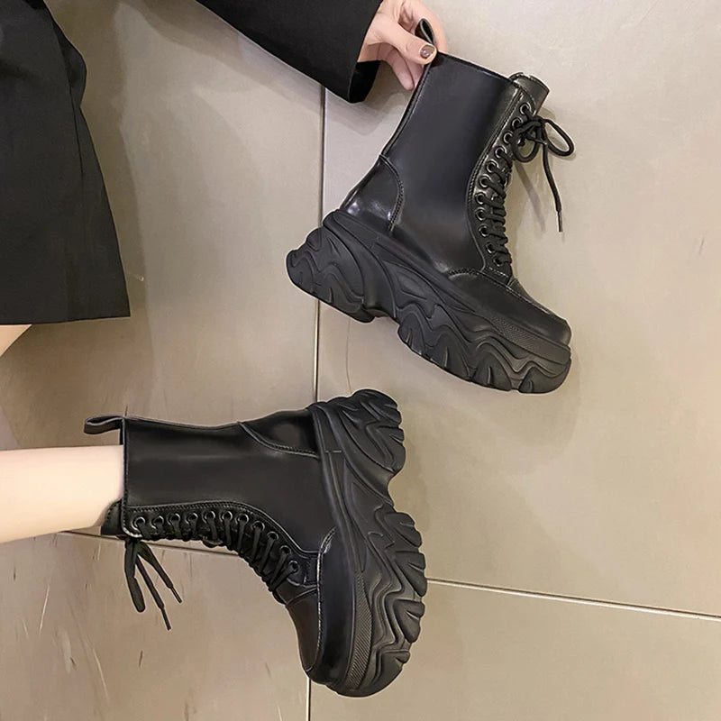 Punk Super High Platform Boots Women Chunky Heels Lace Up Motorcycle Boots Woman Black White Thick Bottom Ankle Booties Female