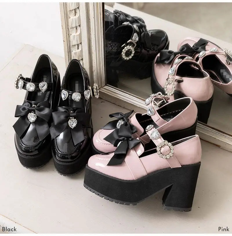 Japanese Lolita Hot Rhinestone Love Heart Bow Tie Mine Mass-Produced Platform Mary Jane Shoes Pink Pumps Girl Shoes for Women's