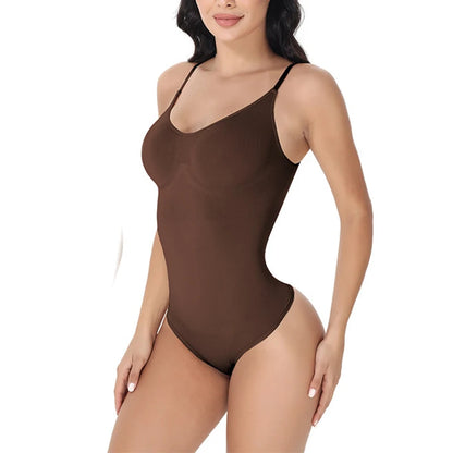 Brown Thong V-Neck Spaghetti Strap Bodysuit – Slimming Open-Crotch Shapewear for Women