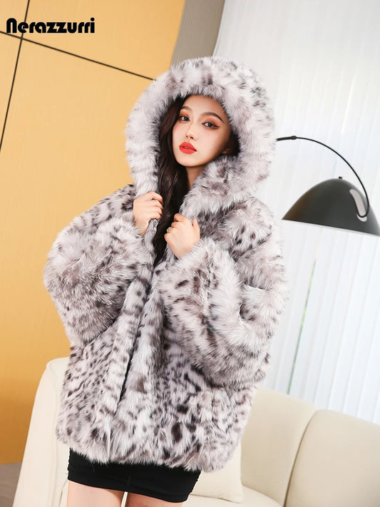 Nerazzurri Autumn Winter Loose Stylish Luxury Colorful Hairy Thick Warm Soft Faux Fur Coat Women with Hood Fluffy Jacket 2023