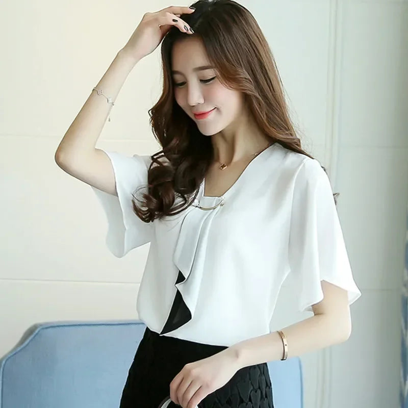 New Spring Fashion Chiffon Women Shirt Blouse Short Sleeve Women's Loose Clothing Loose Bow Neck Women's Tops Blusas D560 50