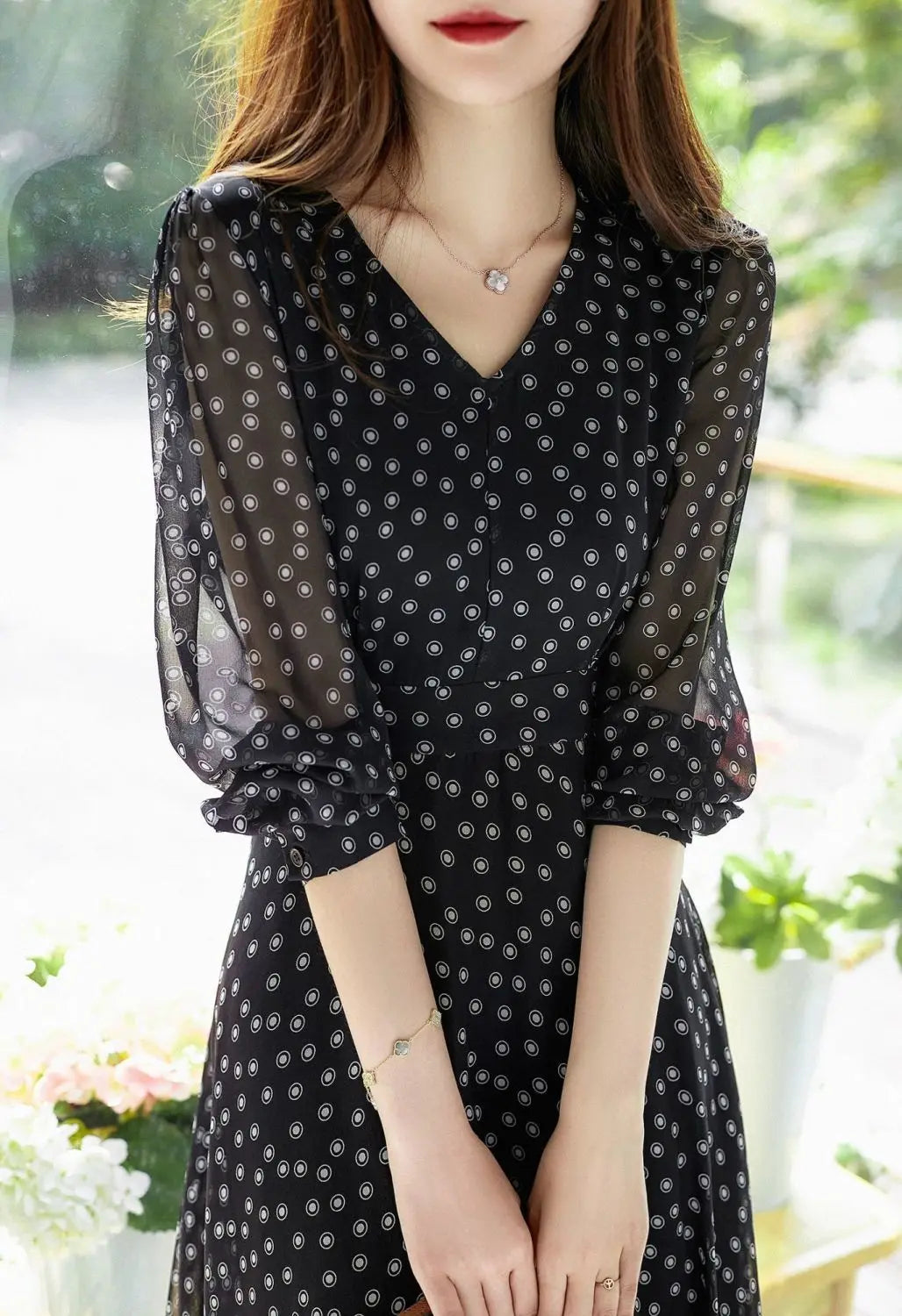 Polka Dot Print Chiffon Elegant Dresses for Women 2023 Summer New Vintage Fashion V-Neck Half Sleeve Casual Ladies Midi Dress