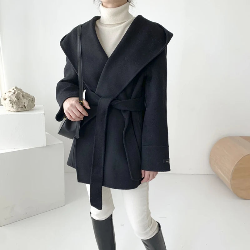 Elegant Wool Blends Coats Women Korean Black Hooded Woolen Jackets Ladies Fashion Bandage Overcoat Winter Commute Outerwears New