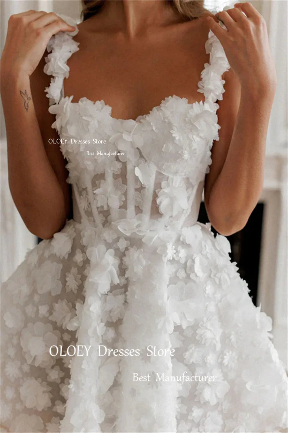 OLOEY Ivory Spaghetti Straps Short Wedding Dress Corset Sleeveless Exquisite Lace 3D Flowers A Line Free Custom Bridal Gowns