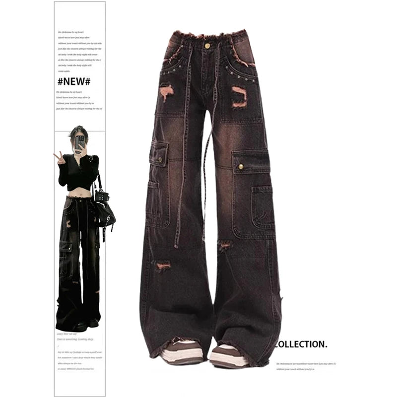 Women's 90s Vintage Black Gothic Cargo Jeans Y2k High Waist Wide Leg Denim Trousers Harajuku Baggy Jean Pants Emo 2000s Clothes