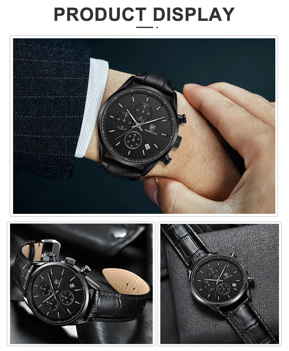 New Fashion Men Watch CHEETAH Waterproof Quartz Chronograph Sport Wristwatch Leather Business Casual Male Clock Auto Date